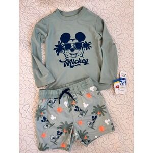 Disney Junior Mickey Mouse Kids 2-Piece Rash Guard and Swim Trunks Set Sage 2T